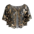 Retro 1920s sheer mesh black shawl with vintage gold sequins and paisley patterns - Black & Gold