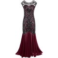 Elegant 1920s vintage burgundy mermaid dress with black sequins and beaded embroidery - S / Black Red