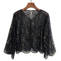 Close-up of mesh evening shawl featuring wavy sequins and bell sleeves detail - U-Pattern Black