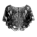Detailed macro view of black mesh shrug with silver paisley sequins and scalloped edges - Black Silver