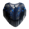Dettaglio di scialle da sera vintage con ricamo pavone in paillettes blu e frange nere - Nero e Blu