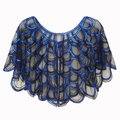 1920s vintage black mesh shawl with scalloped edges and bright blue sequin embroidery - One Size / Black Blue
