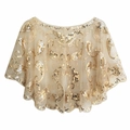 Detail of vintage champagne mesh shawl with intricate gold sequin paisley patterns - One Size / Champagne Gold (V-Neck)