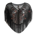 Detail of red peacock sequin embroidery and black fringe tassels on a mesh shawl - Black Coffee