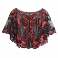 Retro 1920s black mesh shawl cape with red sequins and paisley embroidery for formal evening gala - One Size / Black Red (V-Neck)