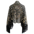 Schwarzer 1920er Vintage-Netzschal mit goldenen Pailletten, Blumenmuster und Quasten - Schwarz & Gold