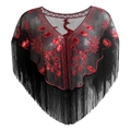 Dettaglio ricami in paillettes rosse e piume di pavone su scialle in rete nera - Nero Rosso