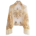 Eleganter goldener Pailletten-Abendschal mit Fransen und Vintage-Sonnenstickerei - Champagnergold
