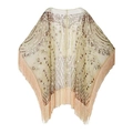 Vintage 1920s evening shawl featuring sequins and long tassels on mesh fabric - Champagne