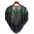 Vintage black mesh shawl with green sequins and long fringe trim in a retro 1920s style - Dark Green