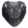 1920s vintage black sequined evening shawl with silver floral embroidery and fringe - Black Silver