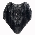 Schwarzes 1920er Pailletten-Cape mit Blumenstickerei und langen feinen Fransen - Schwarz