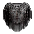 1920er Vintage Netzschal in Schwarz mit Bronze-Pailletten, Lilienmuster und langen Fransen - Einheitsgröße / Schwarz