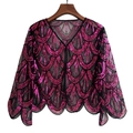 1920s vintage mesh evening shawl with pink sequins and elegant scalloped edges - Black Rose Red