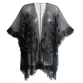 Détail du châle en tulle noir avec paillettes à motif plume de paon et dentelle - Taille unique / Noir (Perles)