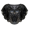 Detailaufnahme von schwarzem Mesh-Abendschal mit Wellenmuster-Pailletten und Wellensaum - Schwarz
