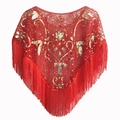 Elegant red mesh bridal shawl with gold sequin embroidery and long tassels decoration - Red + Gold