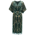 Vintage 1920er Jahre V-Ausschnitt Kleid in Smaragdgrün mit Goldpailletten und Stickerei - Einheitsgröße / Dunkelgrün