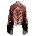 Vintage-Schal aus schwarzem Netz mit roten Pailletten und eleganten langen Fransen - Schwarz-Rot
