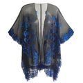 Châle en mesh noir des années 1920 avec broderies de paon en sequins bleus - Taille unique / Noir Bleu (Corde)