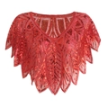 Elegant red sequined mesh shawl for evening gowns with intricate leaf pattern embroidery - Red