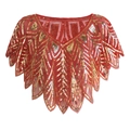 Red 1920s Gatsby style sequined shawl wrap with gold Art Deco patterns and v-neck - Red Gold