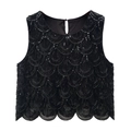Top corto nero senza maniche con ricami di paillettes e orlo ondulato chic - S / Nero