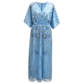 Elegantes V-Ausschnitt Maxikleid in Hellblau mit silbernen Pailletten und Stickerei - Einheitsgröße / Hellblau