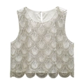 Elegante top bianco senza maniche con paillettes argento e motivi a onde fitte - S / Albicocca