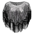 Detail van jaren 20 vintage mesh cape met zilveren lovertjes en lange franjezoom - Zwart Zilver