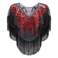 Schwarzer Retro Netzschal mit roten Pailletten-Schmetterling und langen Fransen - Schwarz-Rot