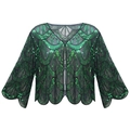 Châle à paillettes vertes style années 1920 avec bords festonnés et manches mi-longues - Vert Foncé