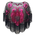 Capa de malla negra para mujer con lentejuelas rosa rojo y flecos largos para fiestas - Negro Rojo Rosa