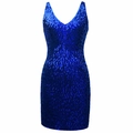 Mini abito aderente blu reale senza maniche con scollo a V e paillettes luccicanti - Blu