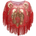 Chal de malla roja con lentejuelas doradas y flecos para vestidos de fiesta de 1920 - Oro rojo