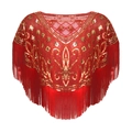 Vintage red mesh shawl with gold sequins and tassel fringe for party and prom - Red Gold