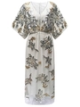 Elegant white V-neck maxi dress with vintage gold and silver sequin floral patterns - One Size / White