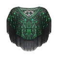 Vintage black mesh sequin shawl with green geometric patterns and long tassels - Dark Green