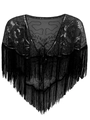 Chal negro estilo años 20 con lentejuelas, bordado floral y dobladillo de flecos - Negro