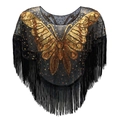Schwarzes Netz-Cape mit goldenen Pailletten-Schmetterlingen und Fransen für Abendkleider - Schwarz & Gold