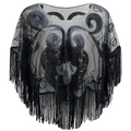 Chal vintage de malla negra con lentejuelas doradas, bordado y flecos largos - Negro