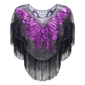 Vintage-Schal aus schwarzem Netz mit lila Pailletten-Schmetterling und Fransen - Schwarz Rosa Lila