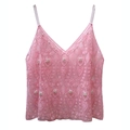 Pink sequin camisole with heart patterns, mesh fabric, faux pearls and deep V-neck design - One Size / Pink