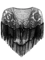 Chal negro vintage de los años 20 con lentejuelas plateadas, cuentas y flecos largos - Negro Plata