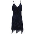 Retro black sequin fringe dress featuring V-neck and layered tassels for party wear - One Size / Black