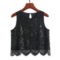 Elegant black sleeveless top with heavy beadwork and sequin scales on a mesh base - S / Black