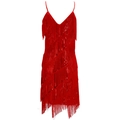 Sparkling red tassel dress with sequins and deep V-neck for stage and party - One Size / Red