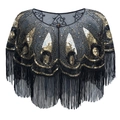 Chal vintage de los años 1920 en negro y dorado con lentejuelas y dobladillo de flecos - Negro y Oro