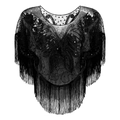 Schwarzes Pailletten-Cape im Vintage-Stil mit Schmetterlings-Stickerei und Fransen - Schwarz