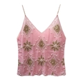 Elegante canotta rosa con paillettes, ricami dorati e dettagli in perle per donna - Taglia unica / Rosa